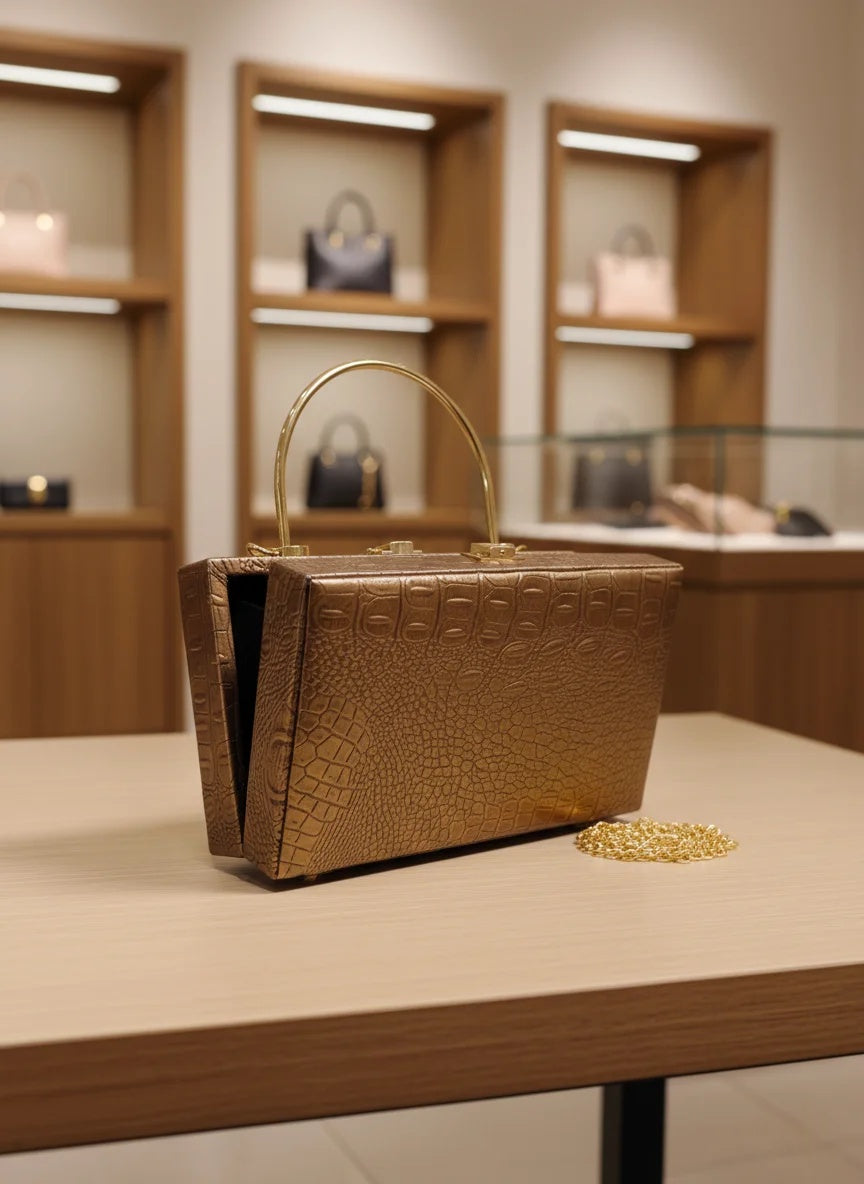 Croc-Embossed clutch-Brown