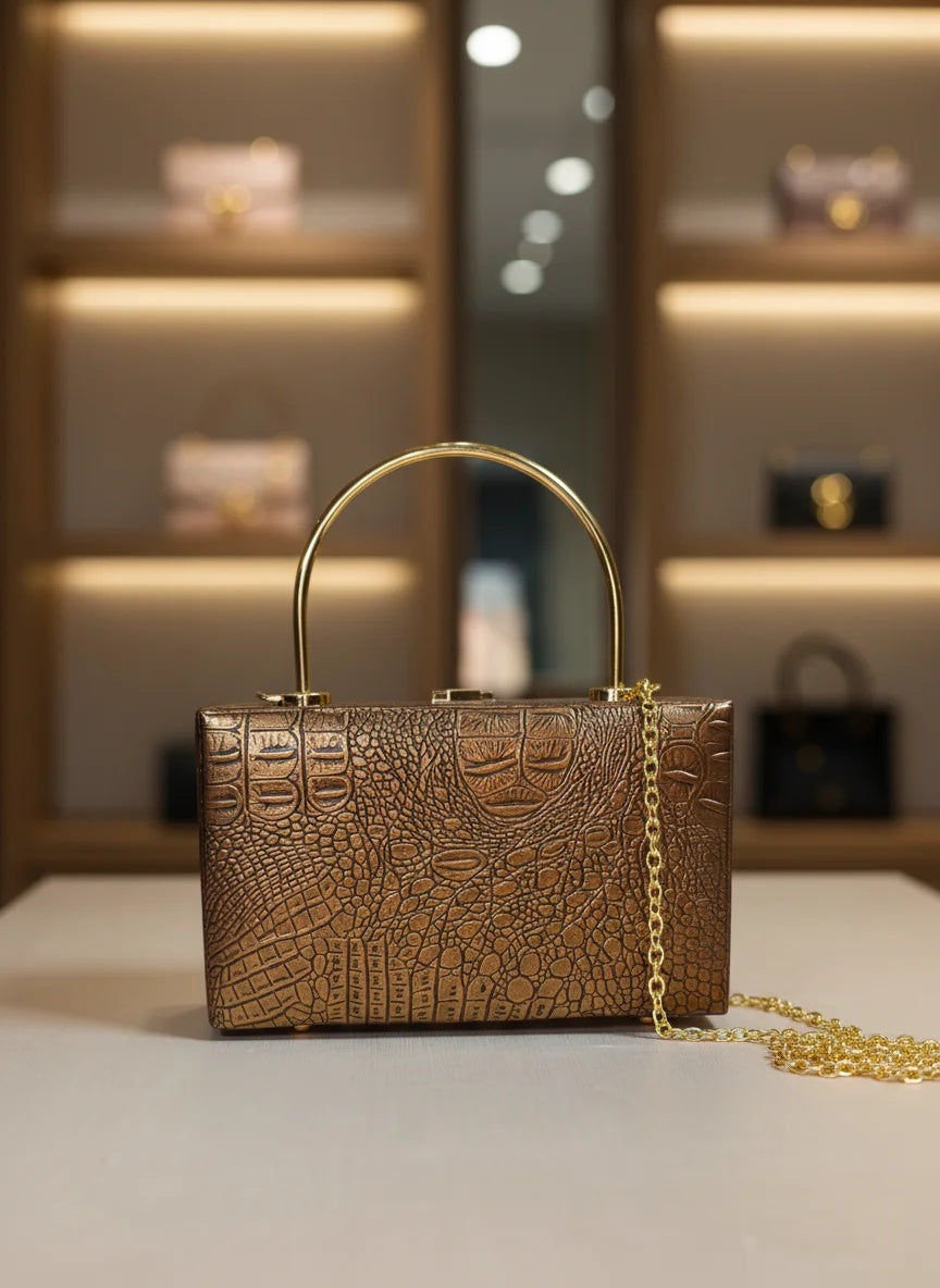Croc-Embossed clutch-Brown