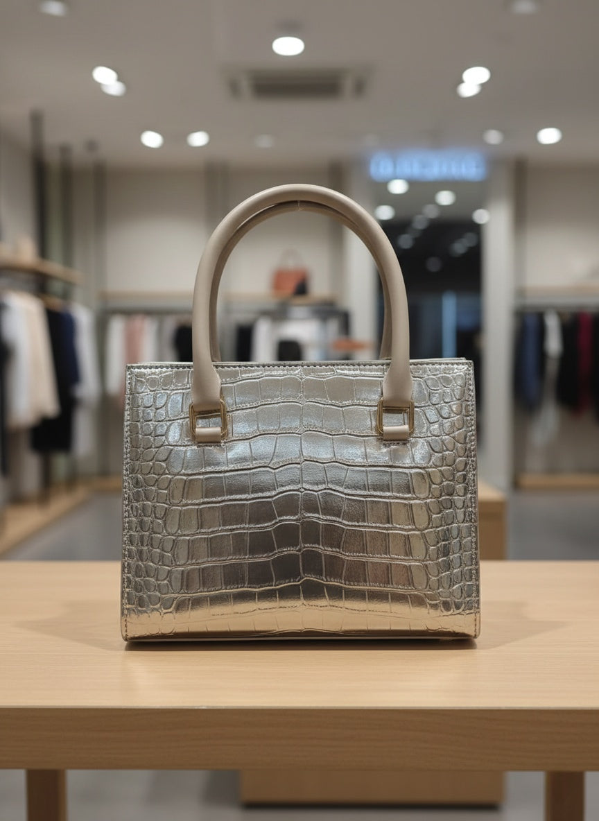 Glossy Croc-pattern Handbag-Golden