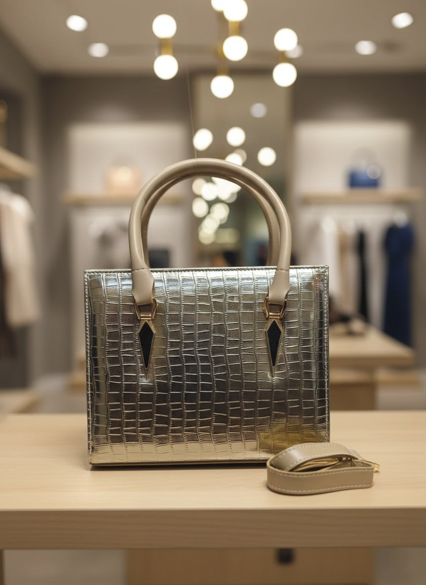 Glossy Croc-pattern Handbag-Golden
