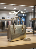 Glossy Croc-pattern Handbag-Golden