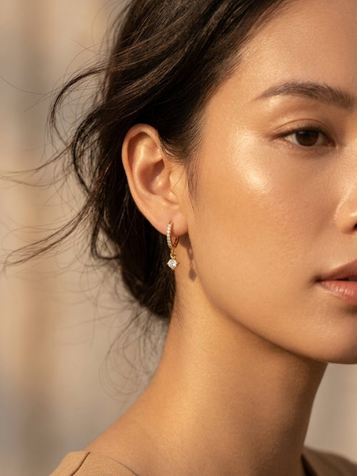 Stone Drop Hoops - 21 carat Gold Plated - Hypoallergenic✨