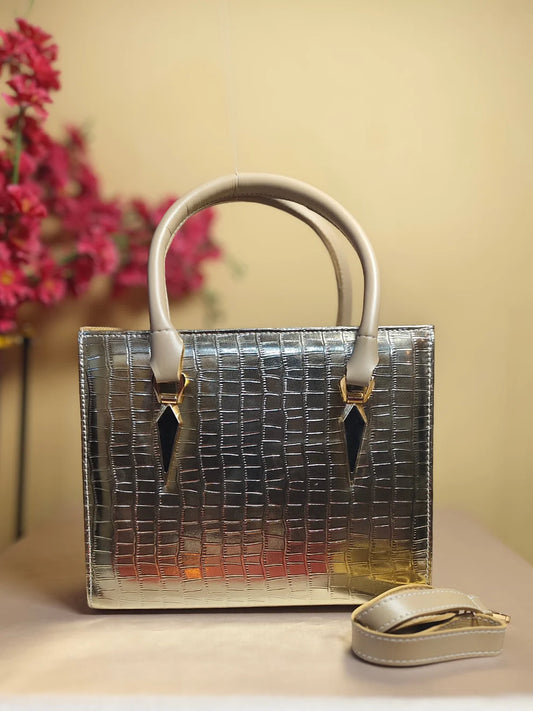 Glossy Croc-pattern Handbag-Golden